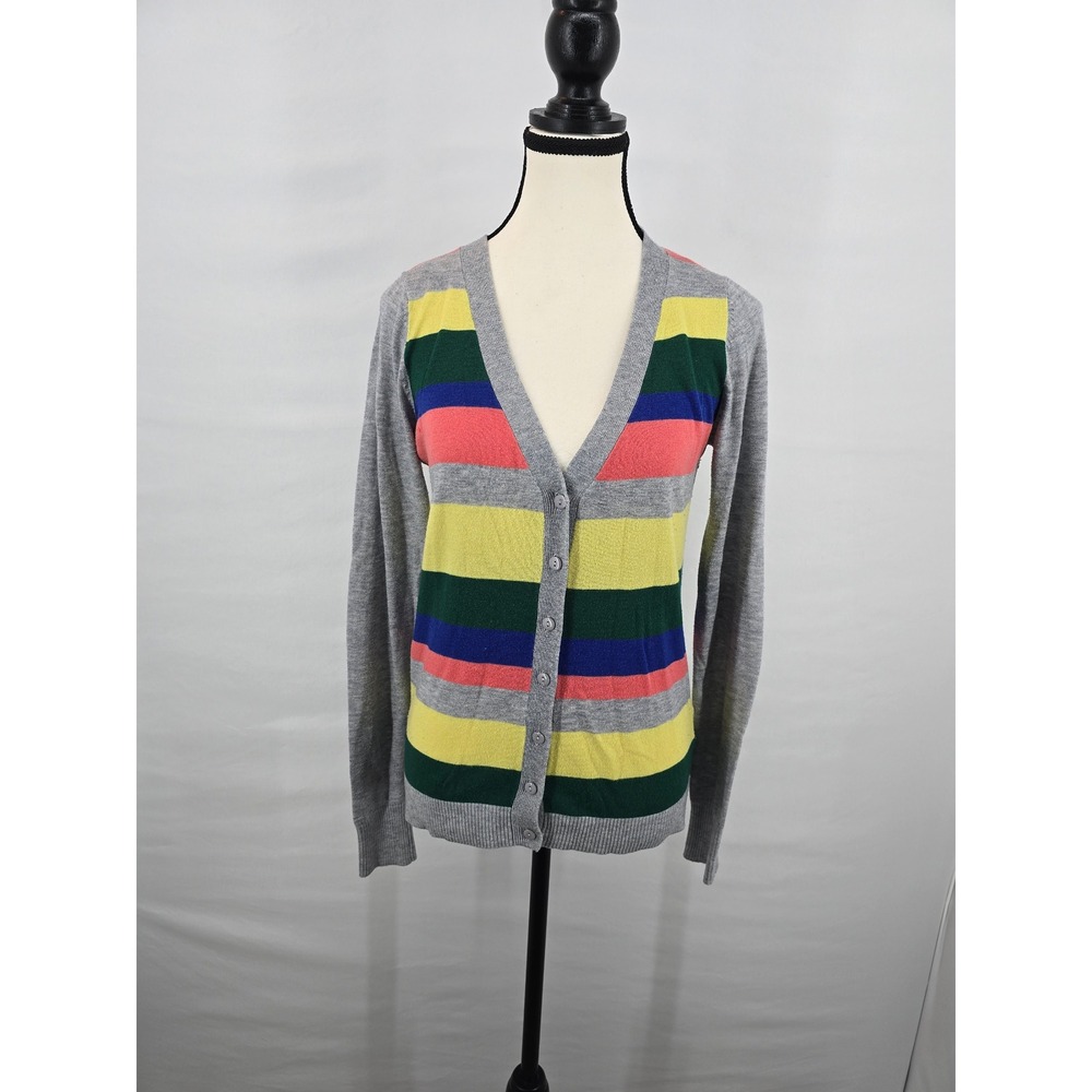 XXI Forever 21 Womens Multi Color Striped V-Neck‎ Button Front Cardigan Gray M